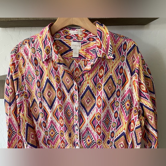 Chico’s| Boho Linen Long Sleeve Blouse, No-Iron Fabric—Size 2•••Lagenlook - Picture 3 of 16